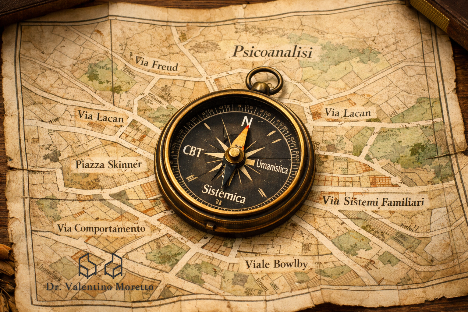 Mappa topografica aperta con una bussola vintage che orienta tra diversi approcci psicoterapeutici, simbolo del percorso di scelta nella psicoterapia.