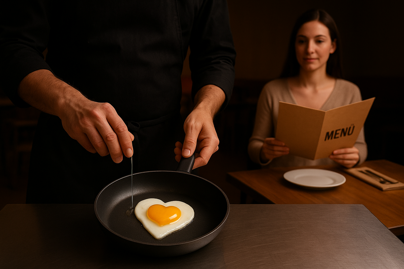 Uomo che cucina un uovo mentre una donna tiene un ‘menù’, indicando una dinamica direttiva.