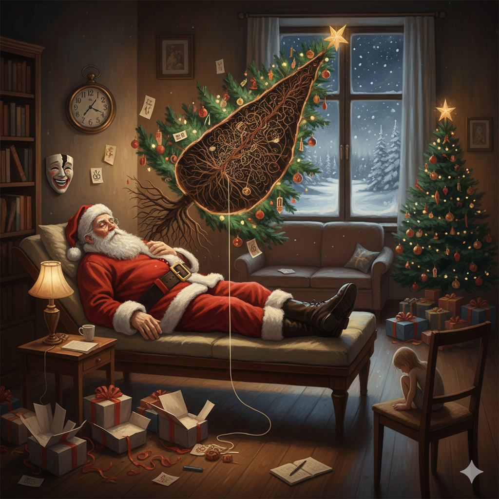 Babbo Natale sul lettino dell'analista confida le sue ansie.