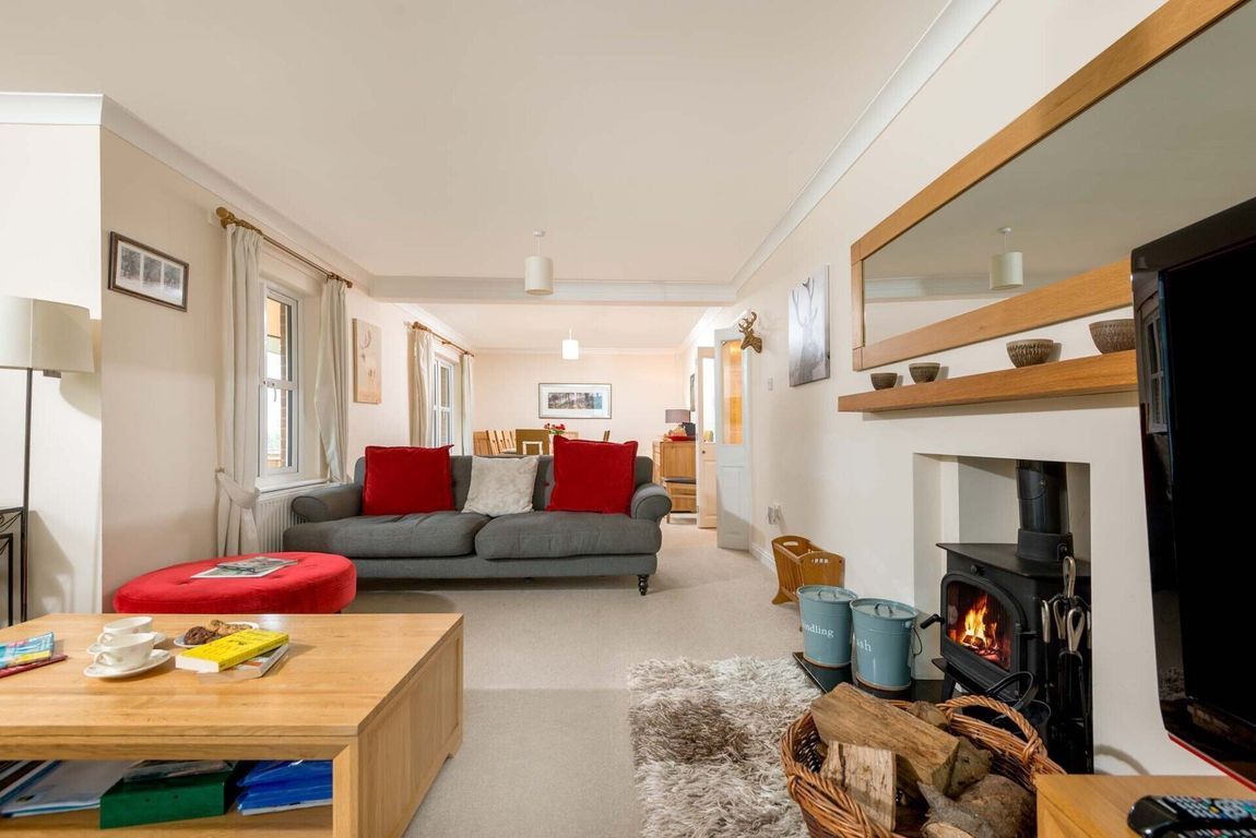 A fire is in the wood stove in the spacious lounge of this New Forest Holdya let