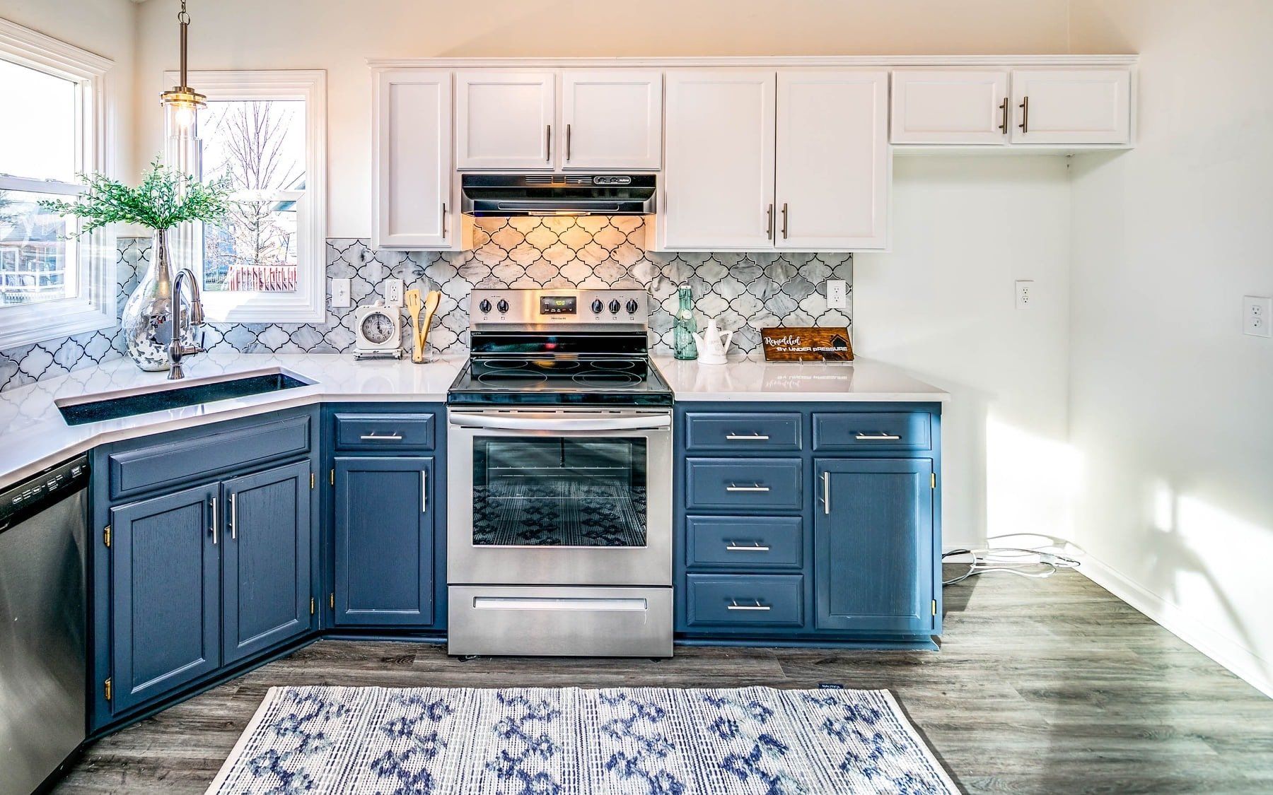 kitchen remodel with blue bottom cabinets and white uppers, under pressure