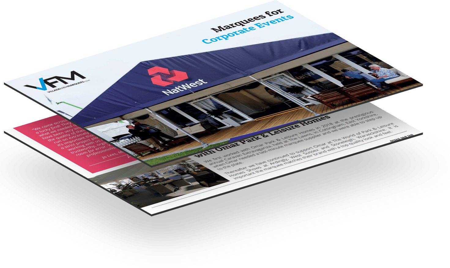 Three brochures are stacked on top of each other on a white surface.