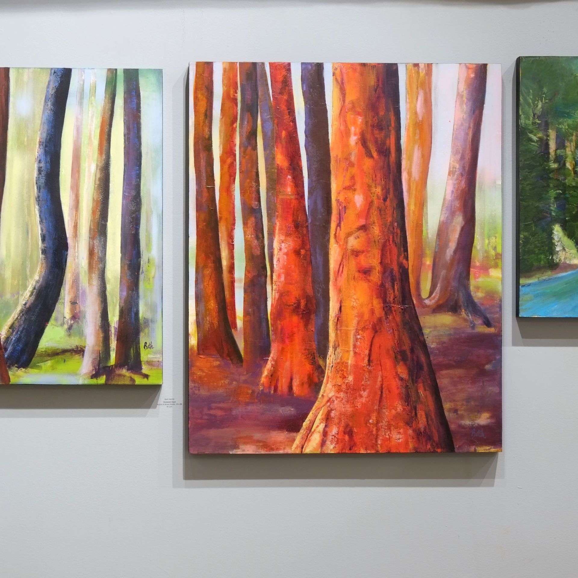 Paintings of trees on a wall: vibrant orange tree trunks in the middle, other trees in soft focus, and bright colors.