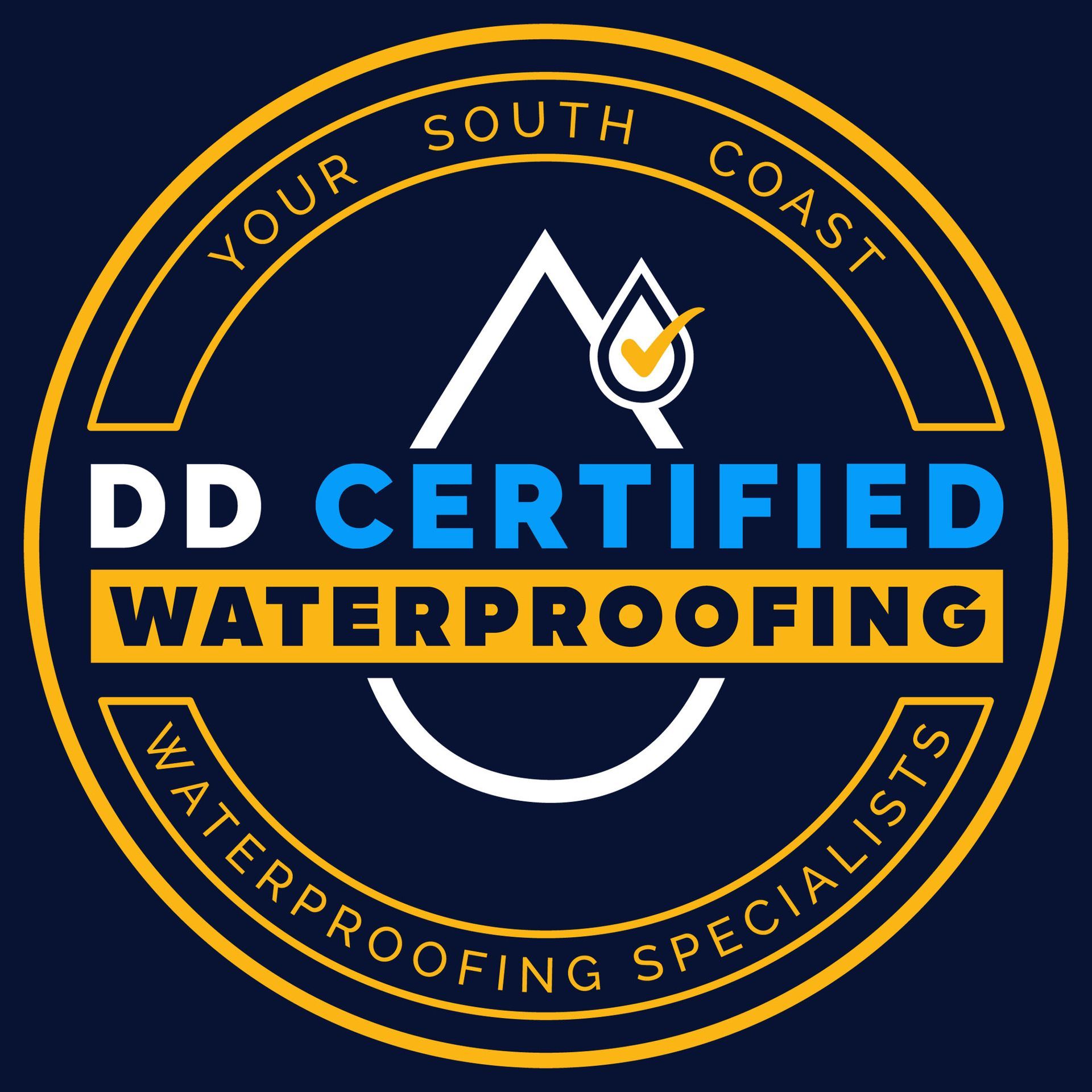 A 3d certified waterproofing logo with a check mark on it.