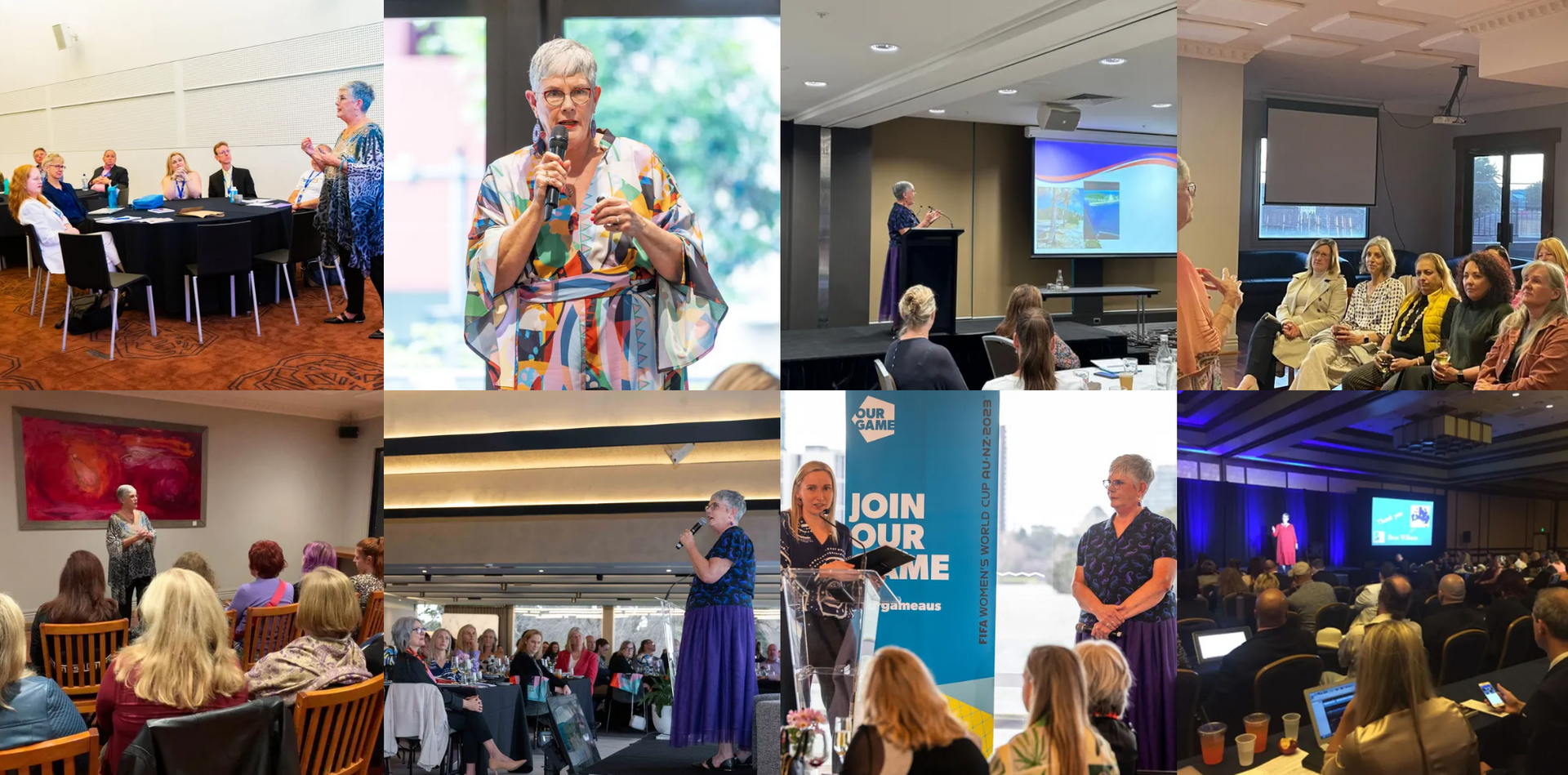 Speakers present to audiences at various events. People listen and watch presentations.