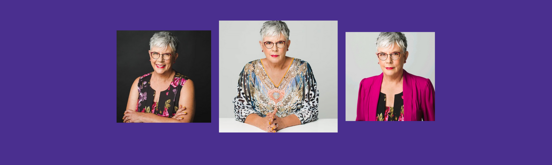 Three photos of a woman with short gray hair, wearing different outfits, on a purple background.