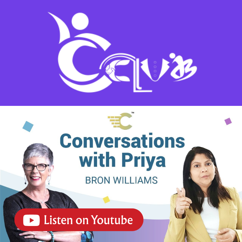 Podcast cover: Two women, Priya and Bron Williams, in front of a purple logo, with