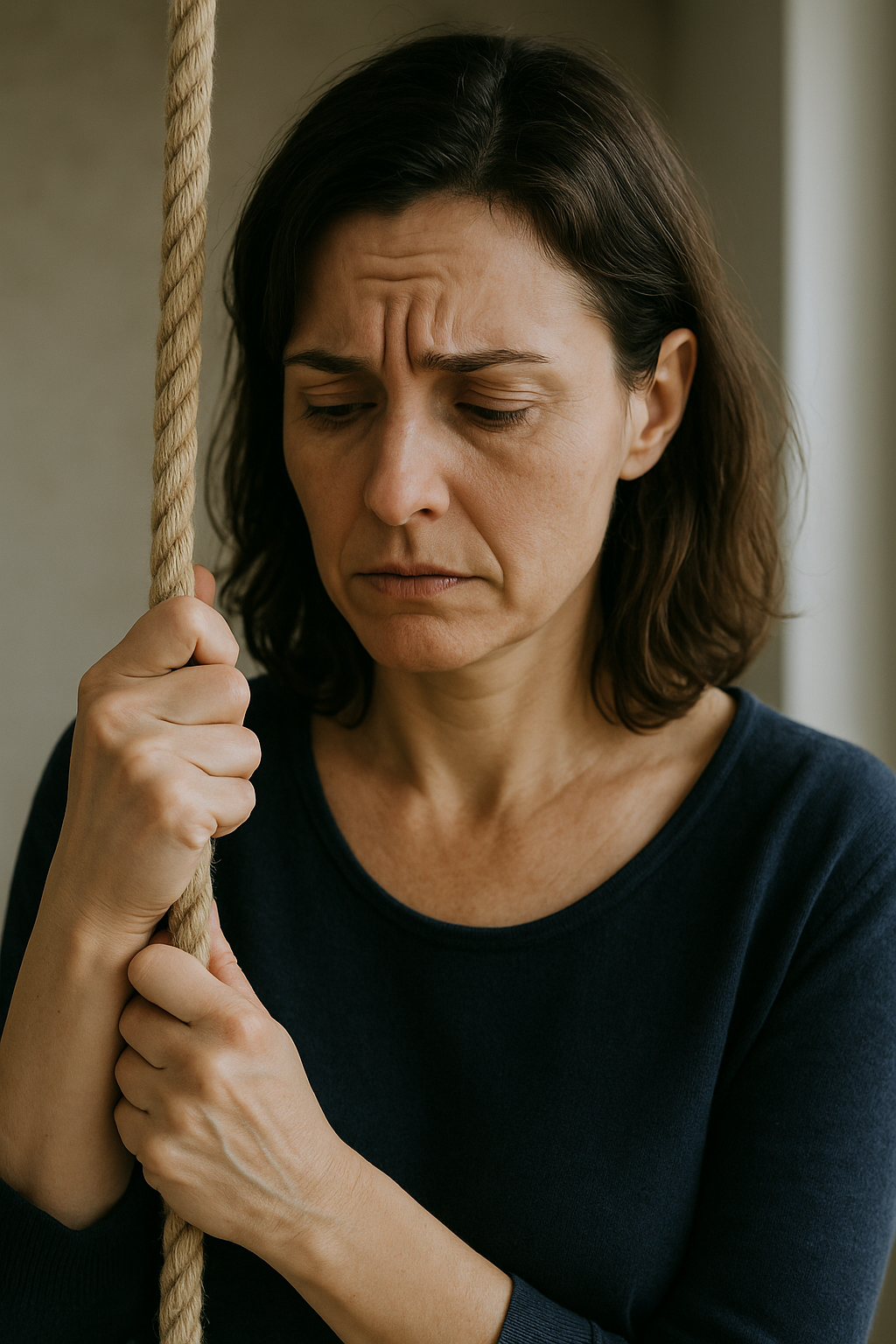 Woman with a concerned expression holding a rope, dark clothing, indoor setting.