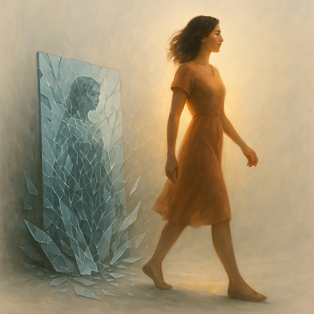 Woman in orange dress walks past a shattered mirror, casting a broken reflection. Pale setting.