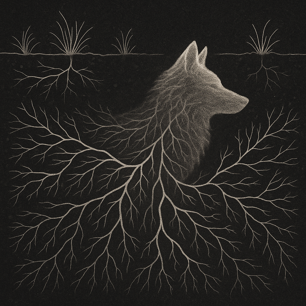 A stylized depiction of a fox head emerging from earth, with roots forming its body.