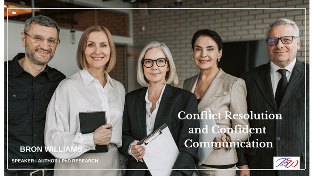 Five professionals pose in an office; text: 