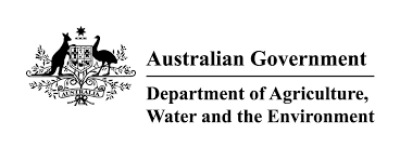 Australian Government Department of Agriculture, Water and the Environment logo featuring a kangaroo, emu, and text.