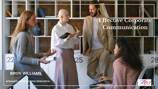 Four people in a modern office discuss ideas. Title reads 