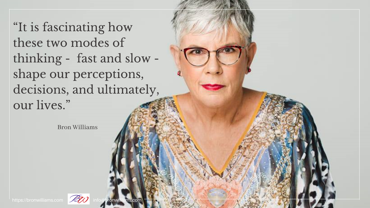 Woman wearing glasses, a patterned top, and makeup. Quote about fast and slow thinking.