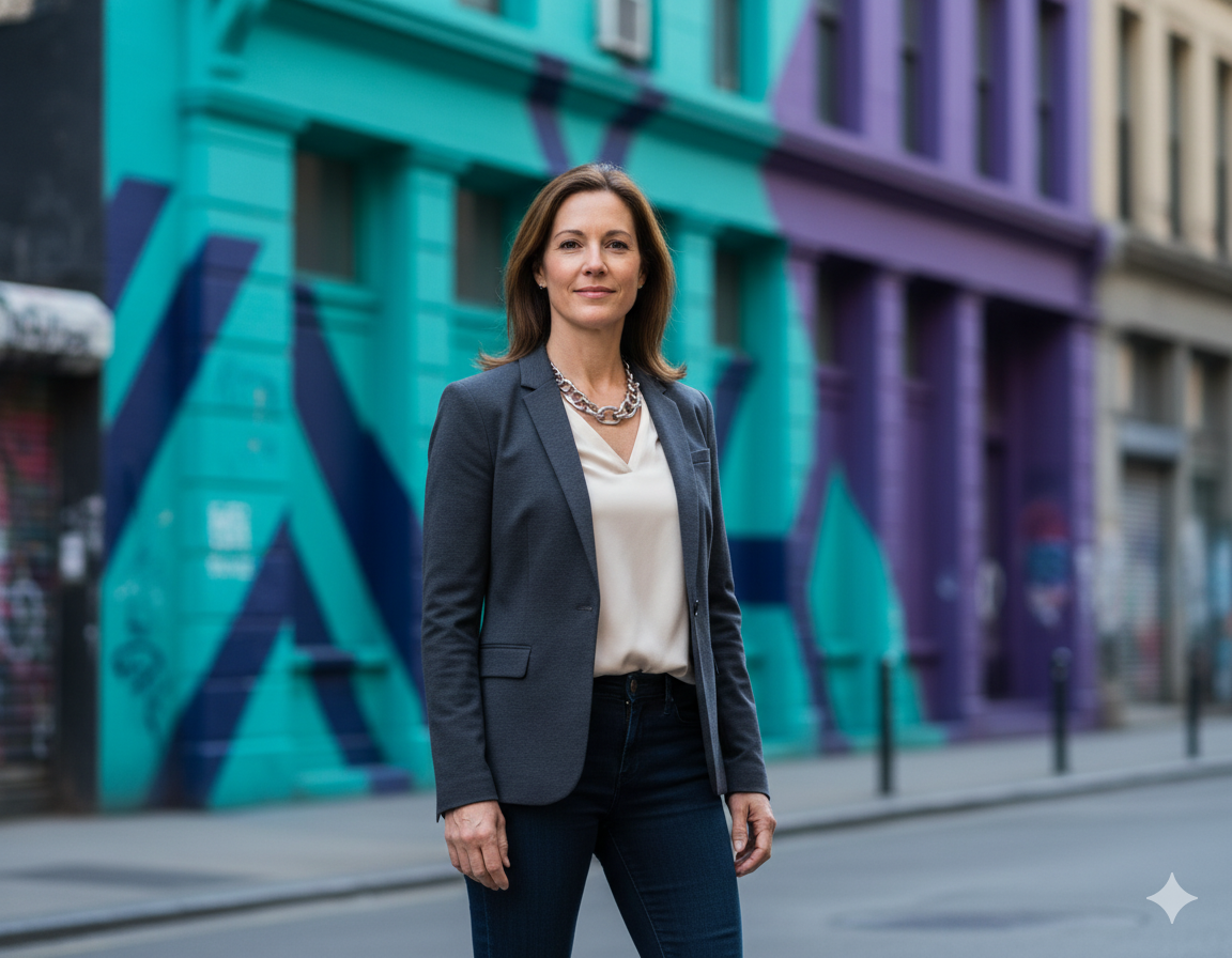 Woman in business attire stands on a city street in front of a colorful building.