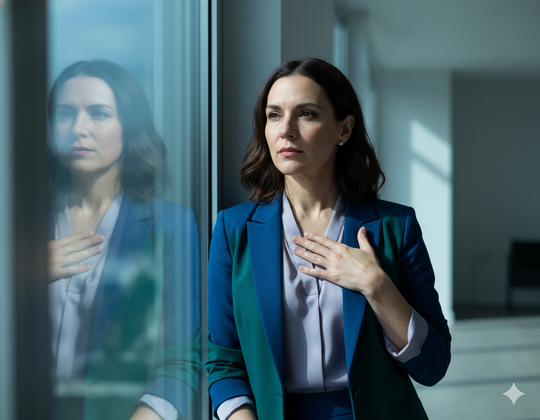 Woman in blue suit looks out window, hand on chest, thoughtful expression.