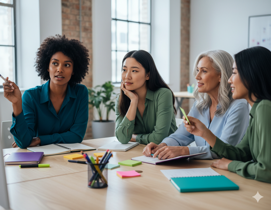 Four women at a table in an office, one points to a screen, others listen and look on with interest.