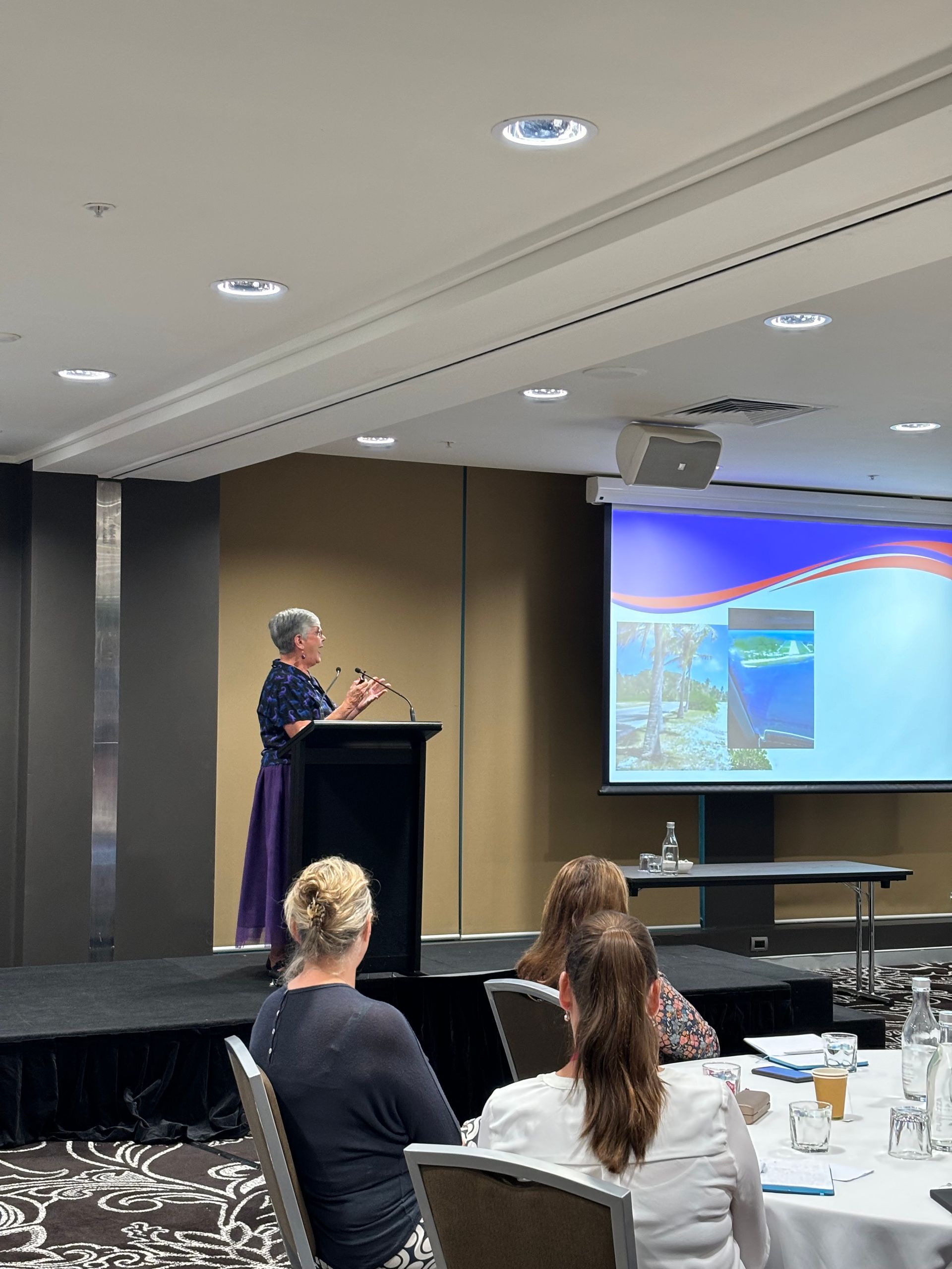 Woman giving a presentation on stage, screen with graphics, audience seated at tables.