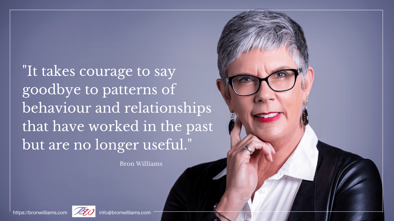 Woman in glasses and professional attire, quote about letting go of old patterns.