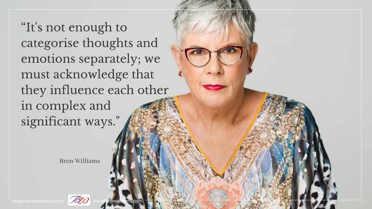 Woman wearing glasses with quote about thoughts and emotions.