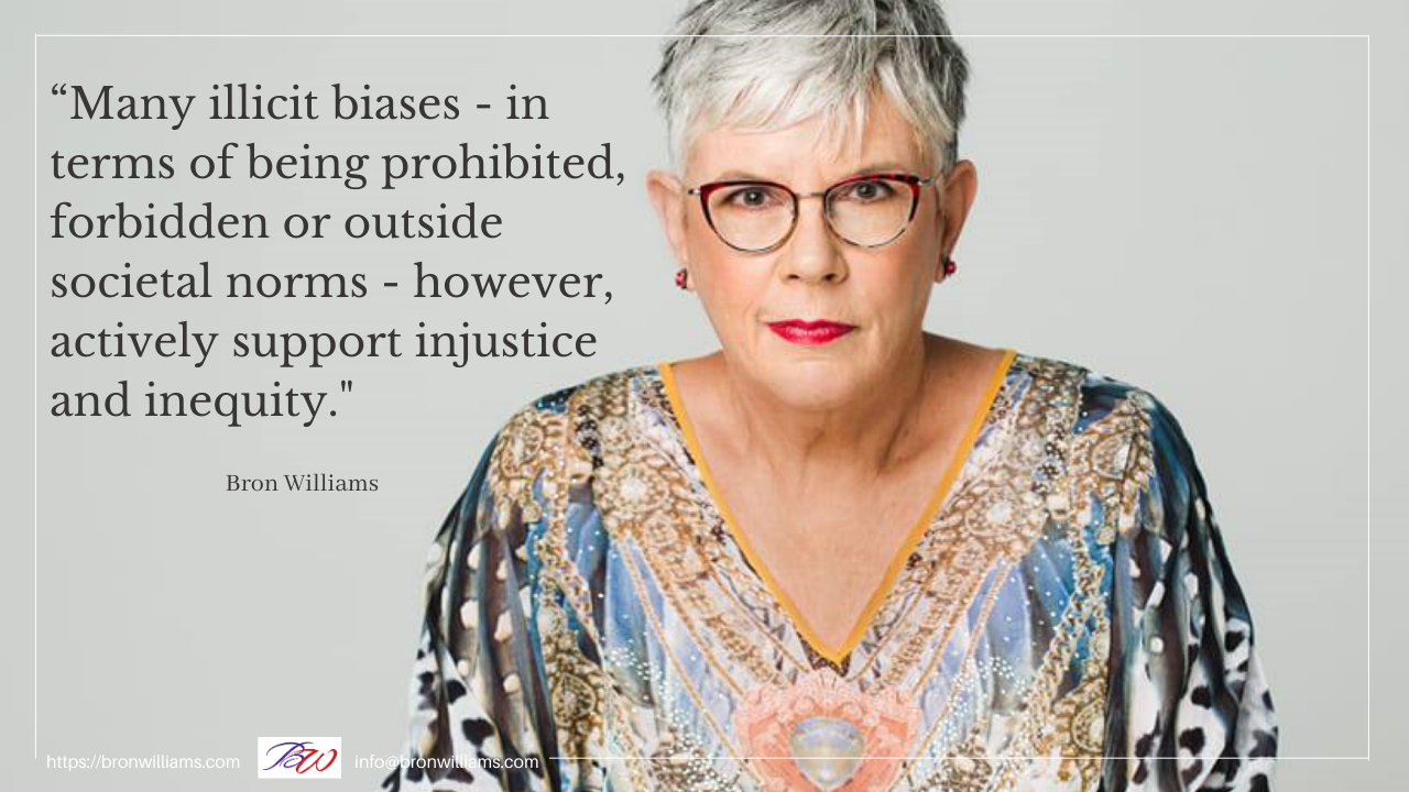 Woman with glasses, quote about biases, injustice and inequity.