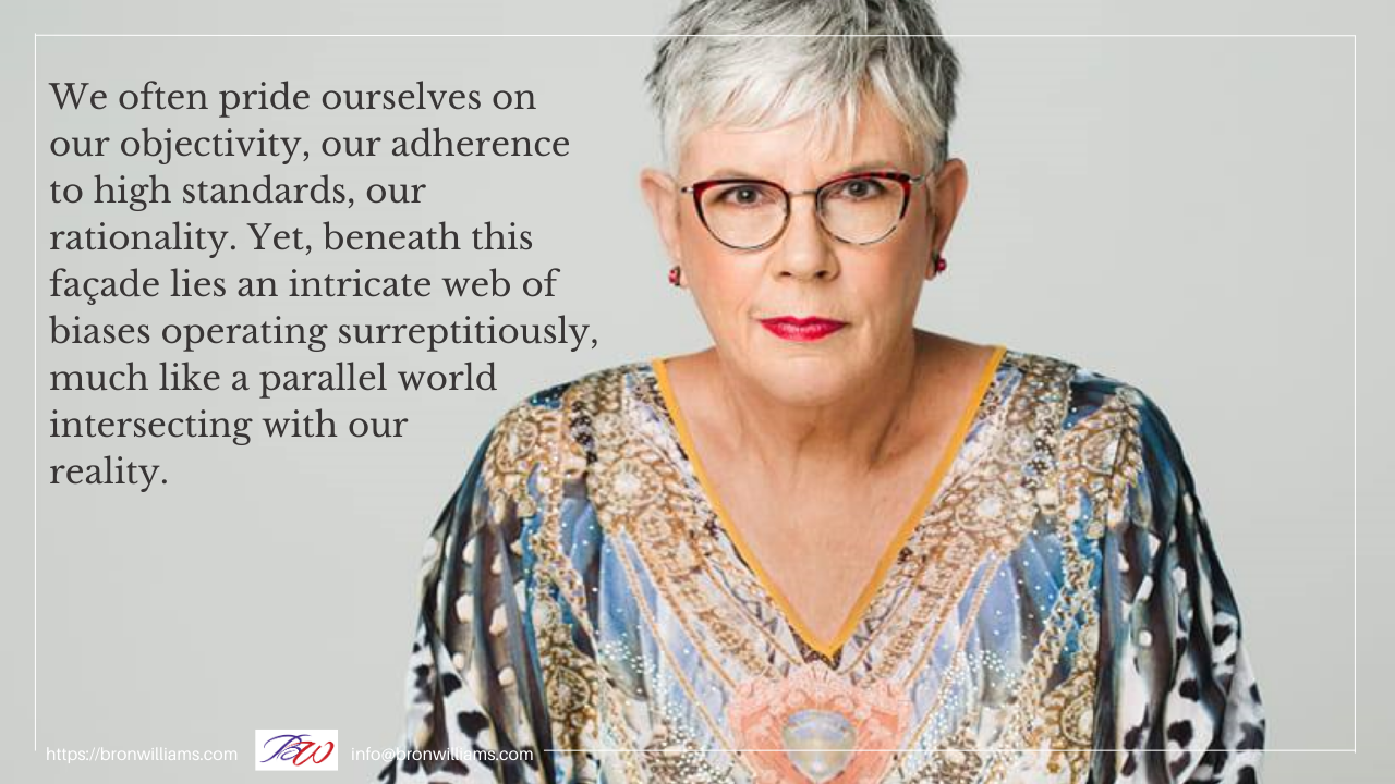 Woman with glasses looking at the viewer; text about biases overlaid on the image.