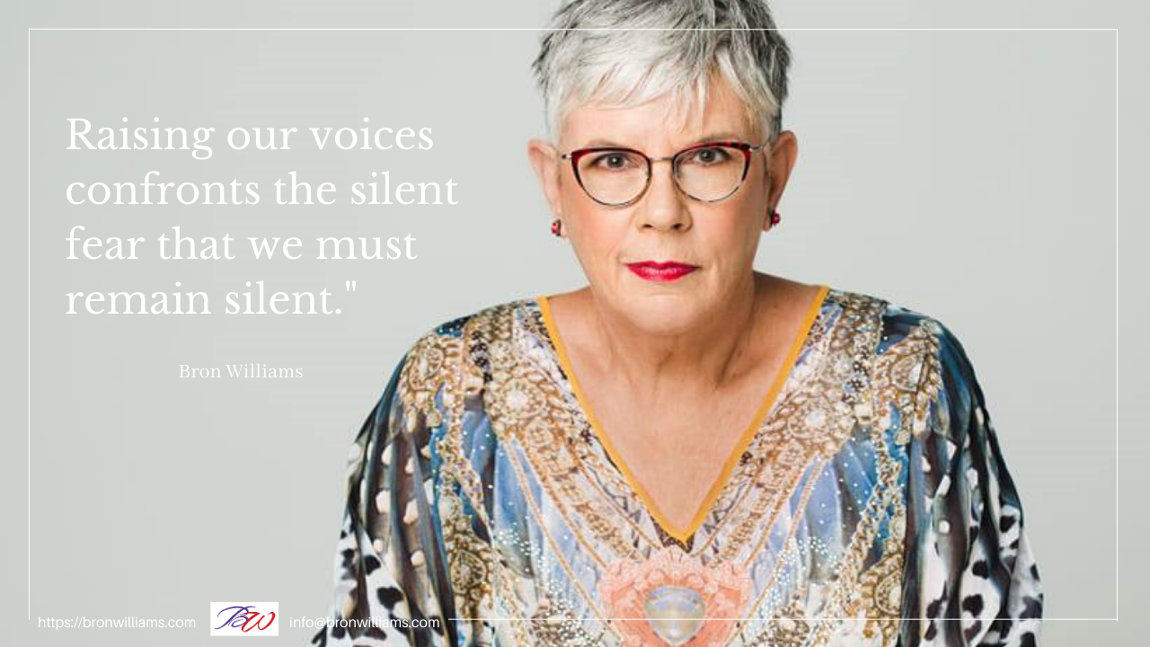 Woman wearing glasses and colorful patterned top. Quote: 