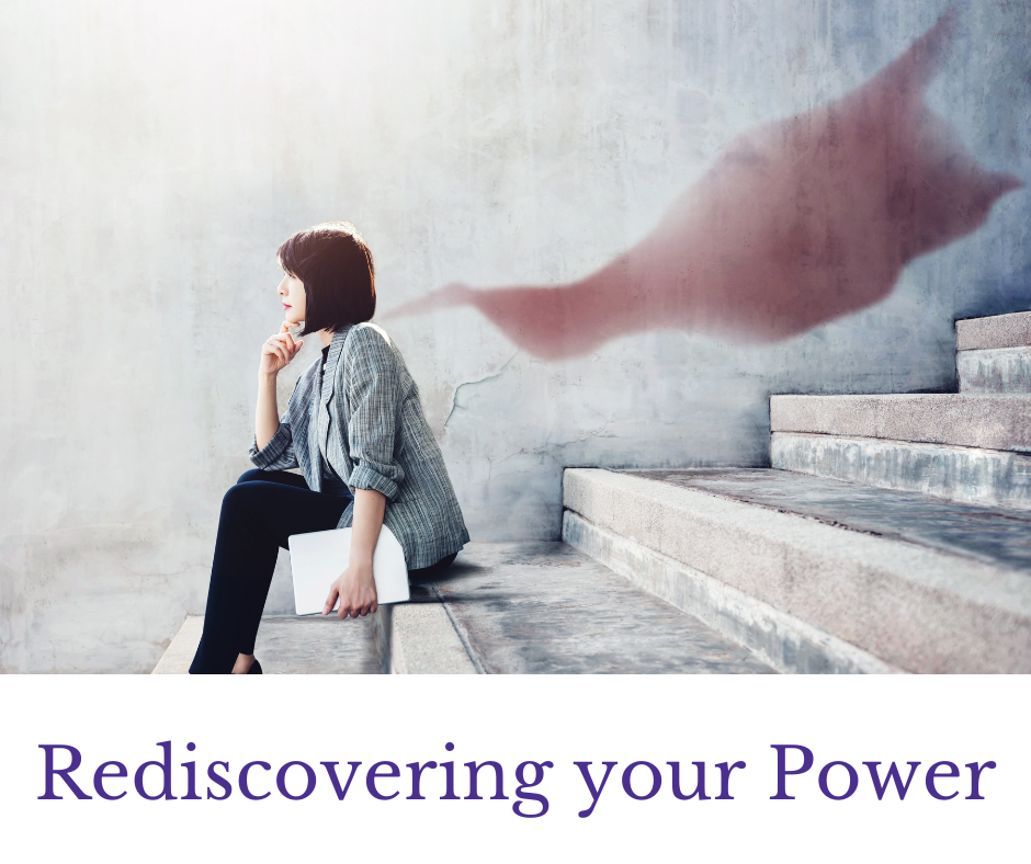 Woman sitting on stairs, thoughtful expression, holding paper, with a flowing, shaded form of a cape behind her.