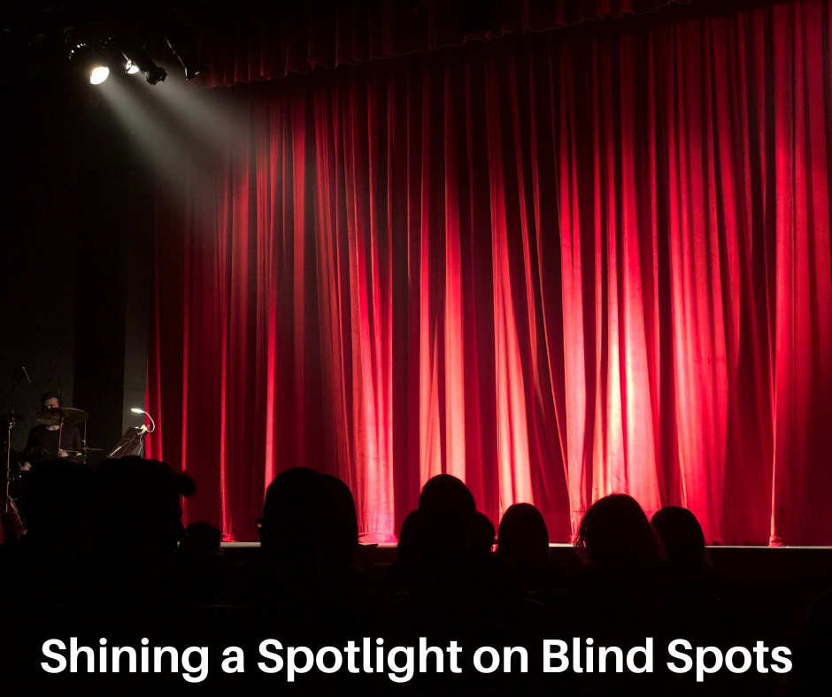 Red stage curtain lit by a spotlight; audience silhouettes in foreground.