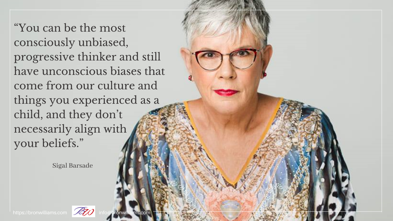 Woman in glasses with a quote about unconscious biases.