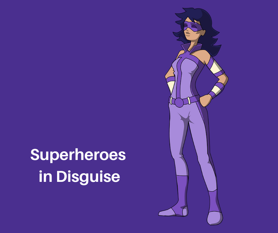 Superhero in a purple outfit and mask, standing on a purple background. Title reads: 
