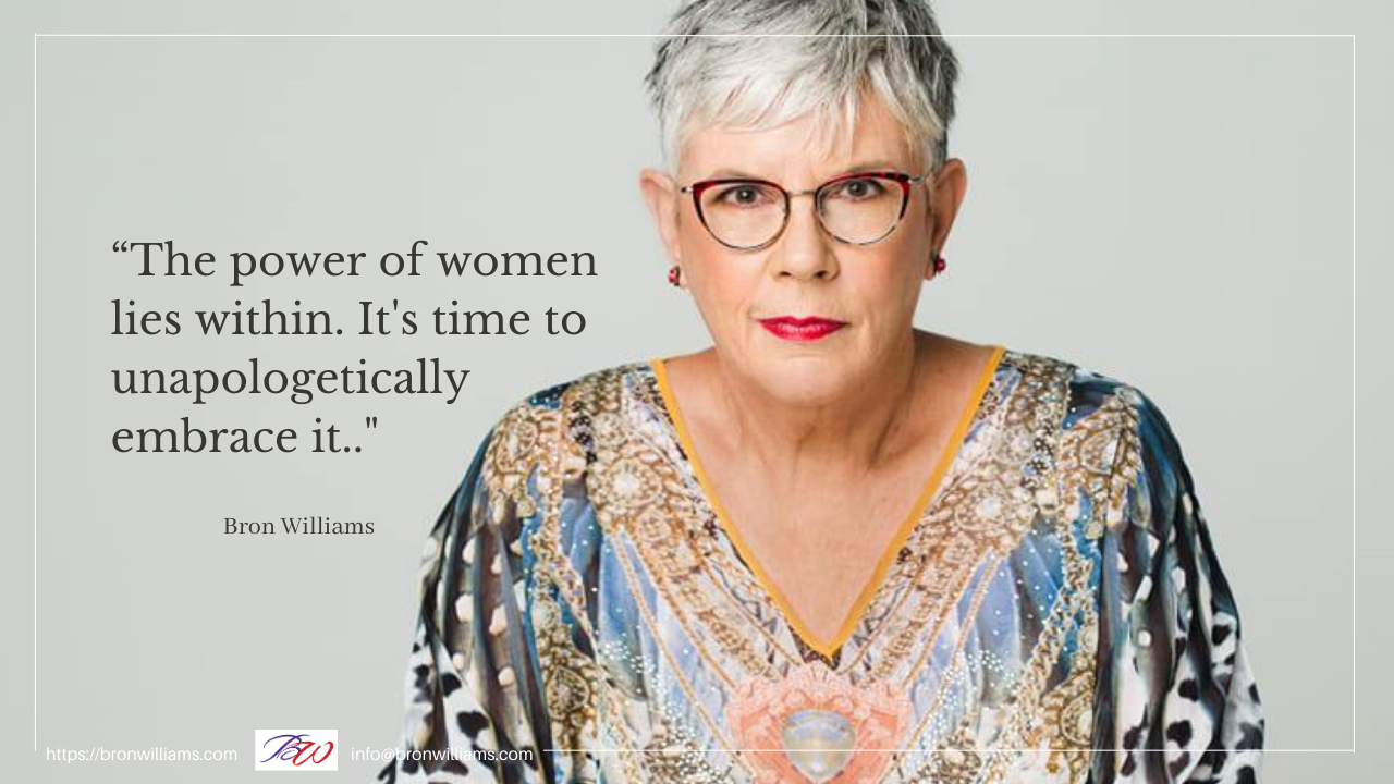 Woman with glasses, a patterned top, and text: 