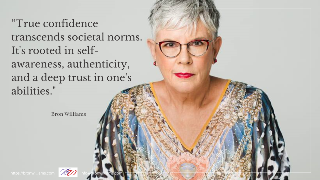 Woman with glasses, quote about true confidence. She wears a patterned top and looks directly at the camera.