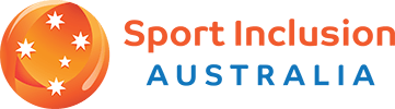 Logo of Sport Inclusion Australia. Orange sphere with white stars and text