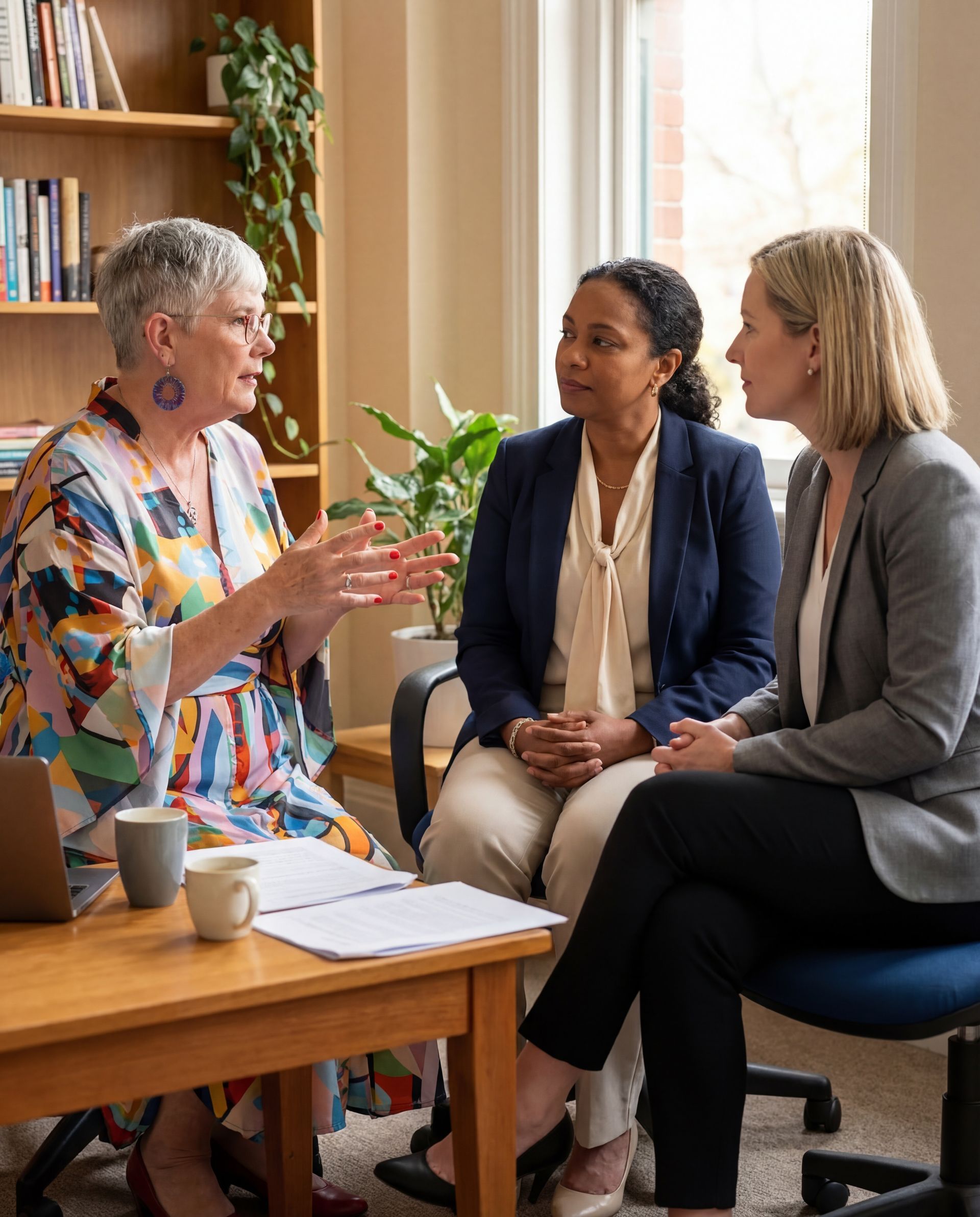 Three people in office setting; woman with glasses gestures while two others listen attentively, papers on table.