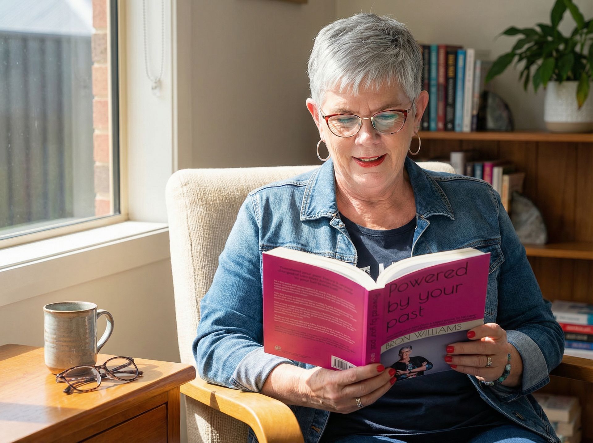 Woman reading a book, seated in a chair by a window; sunny room with a bookshelf.