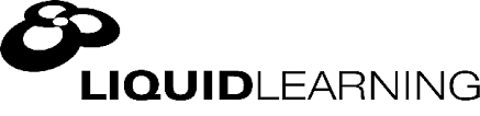 Logo for Liquid Learning, featuring an abstract black shape and the company name.