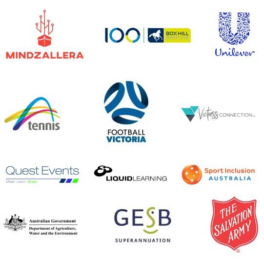 Logos for Mindzallera, Box Hill, Unilever, Tennis, Football Victoria, others, for various organizations and events.