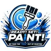 Blue-and-white Paint Logo With Brush And Slogan “ready! Set! Paint!” And “we Take The ‘pain’ Out Of Painting” Blue-and-white paint logo with brush and slogan “READY! SET! PAINT!” and “We take the ‘pain’ out of painting”