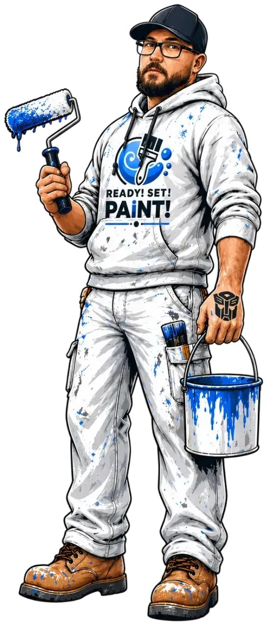 Painter in white workwear holding a paint roller and blue paint bucket, facing forward.