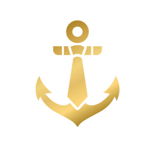 A gold anchor with a tie attached to it on a white background.