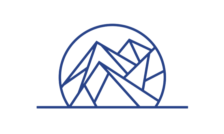 Blue geometric mountains inside a circle, atop a horizontal line.