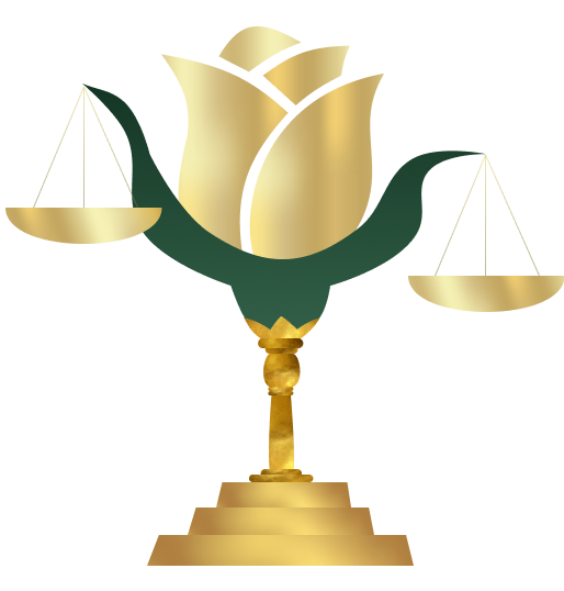 Gold scales of justice with a green accent and a golden rose on a white background.