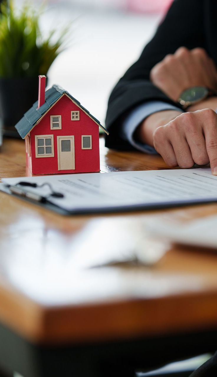 Miniature red house sits on table next to paperwork and a person's hand pointing at it.