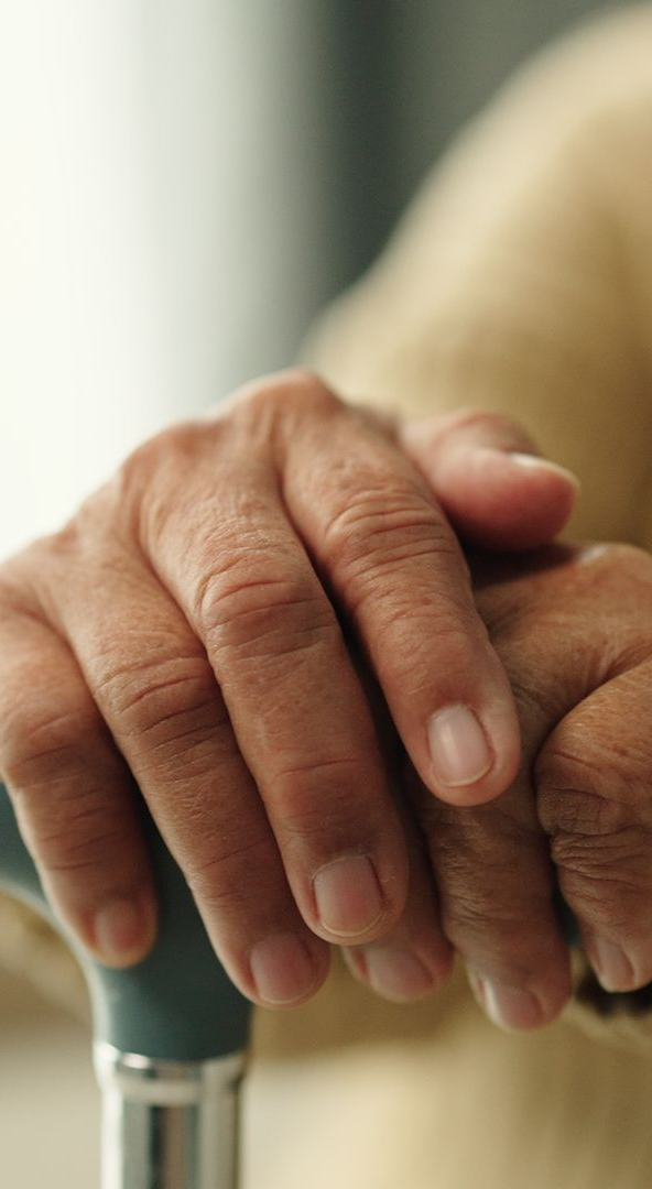 Person's hands resting on a cane, hands are wrinkled and tanned.