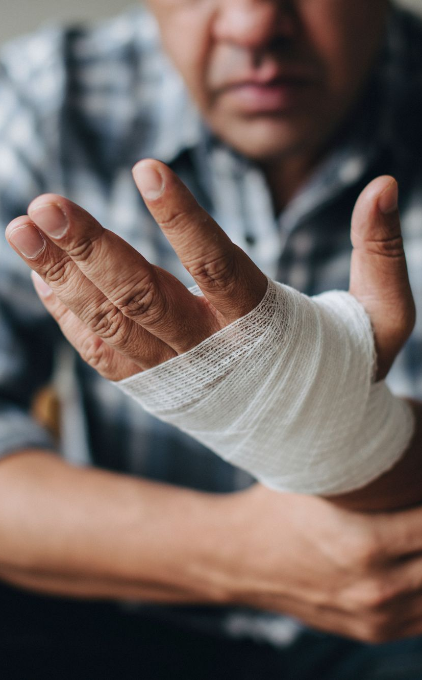 Man's bandaged wrist, showing his open hand and plaid shirt.