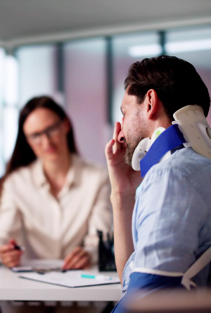 Man with neck brace, consulting with a woman in an office setting.