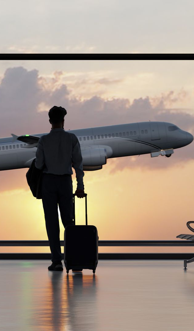 Man with luggage at an airport watches a plane take off against a sunset sky.