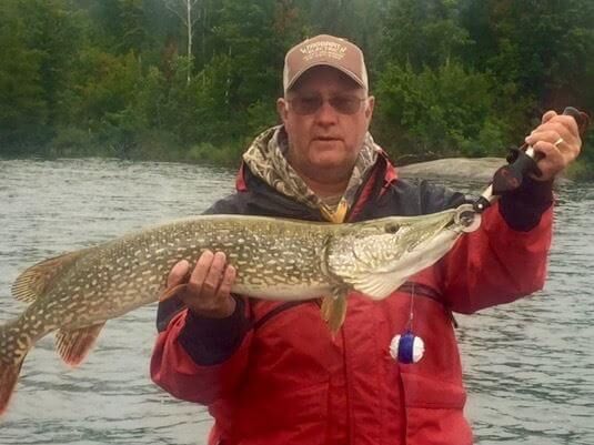 Person in red jacket holding a large fish by a river with forested background