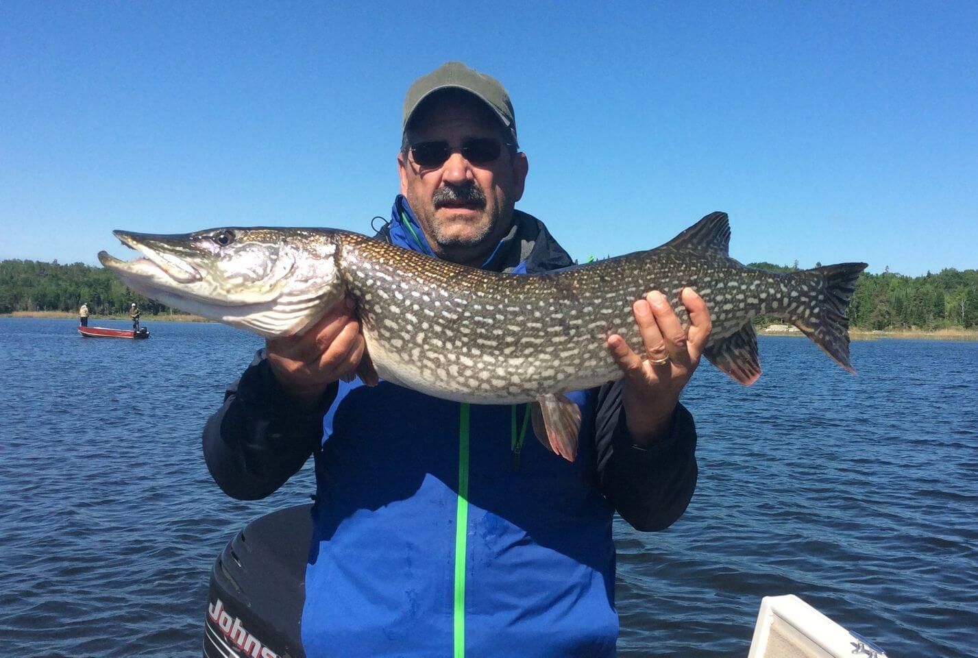 Person holding a large fish on a boat with blue water and clear sky in the background